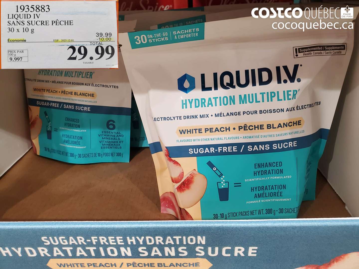1935883 LIQUID IV SANS SUCRE PECHE 30 x 10 G  ($10.00 INSTANT SAVINGS EXPIRES ON 2025-12-01) $29.99