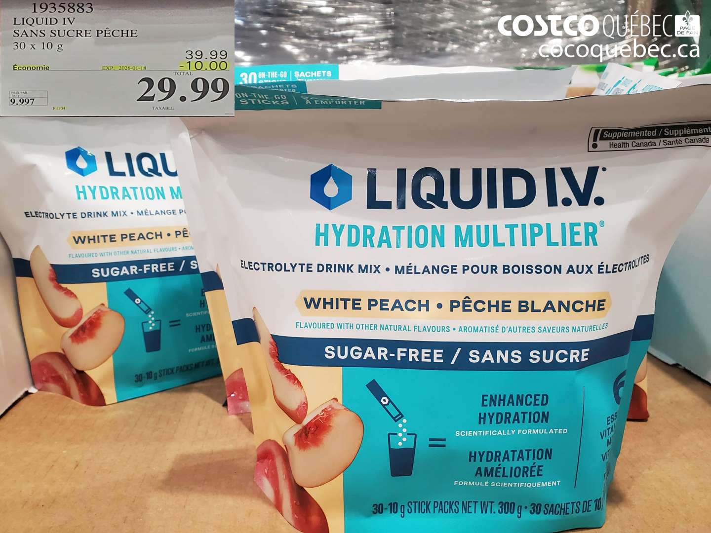 1935883 LIQUID IV SANS SUCRE PÊCHE 30 x 10 g ($10.00 INSTANT SAVINGS EXPIRES ON 2026-01-18) $29.99