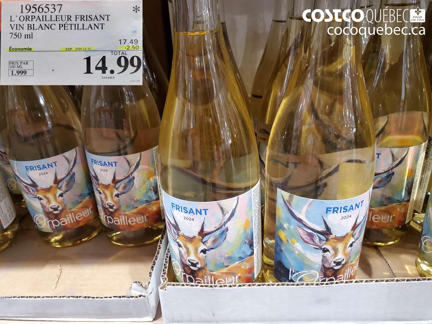 1956537 L'ORPAILLEUR FRISANT VIN BLANC PÉTILLANT 750 ml (EXPIRES ON 2025-12-31) $14.99