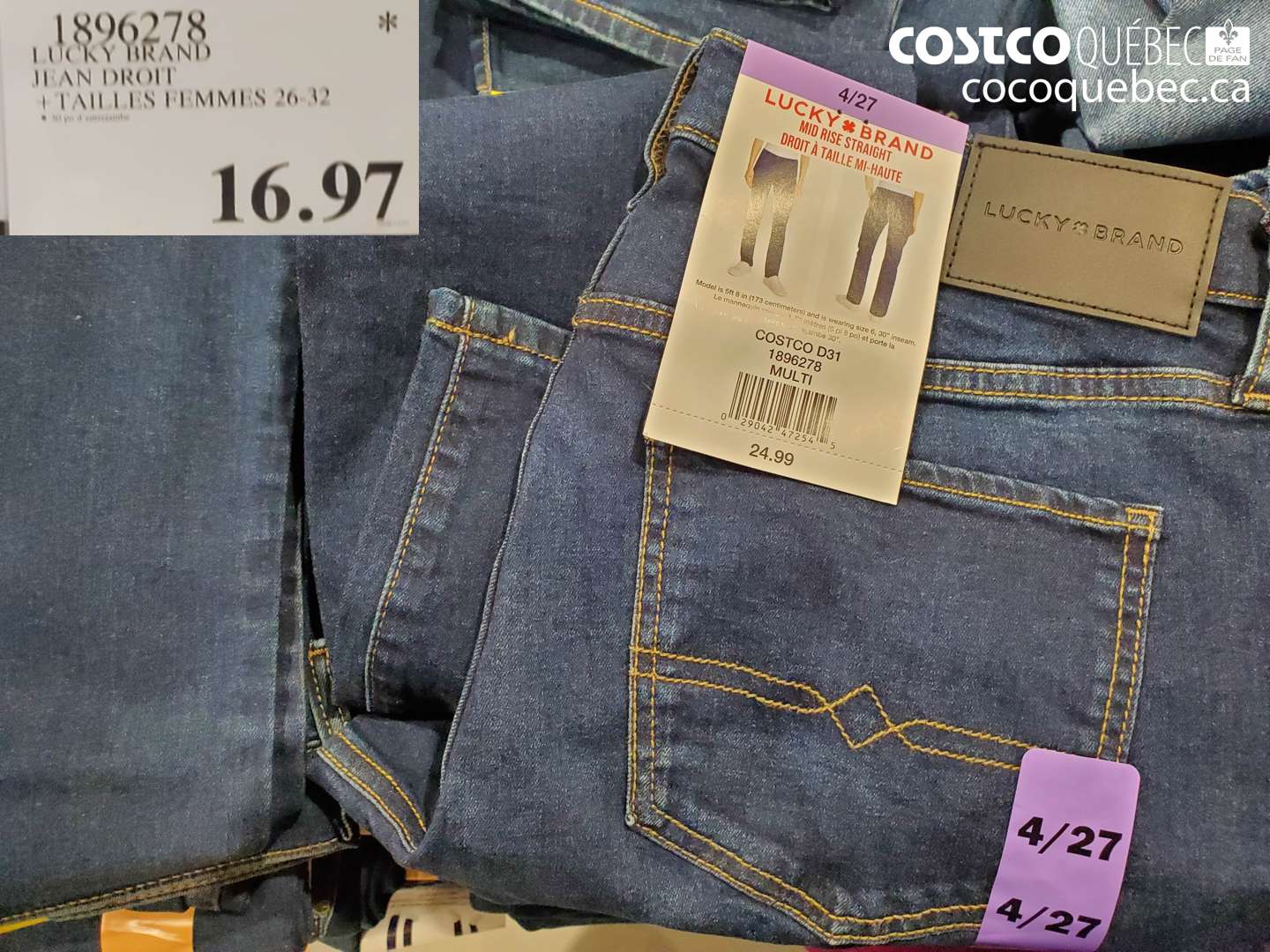 1896278 LUCKY BRAND JEAN DROIT + TAILLES FEMMES 26-32  $16.97