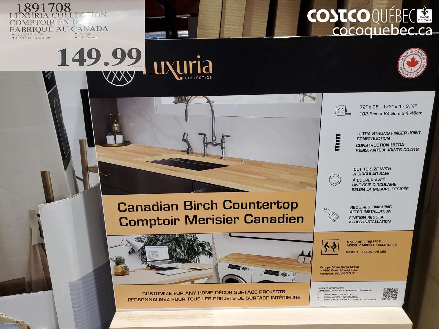 1891708 LUXURIA COLLECTION COMPTOIR EN BOIS FABRIQUE AU CANADA $149.99