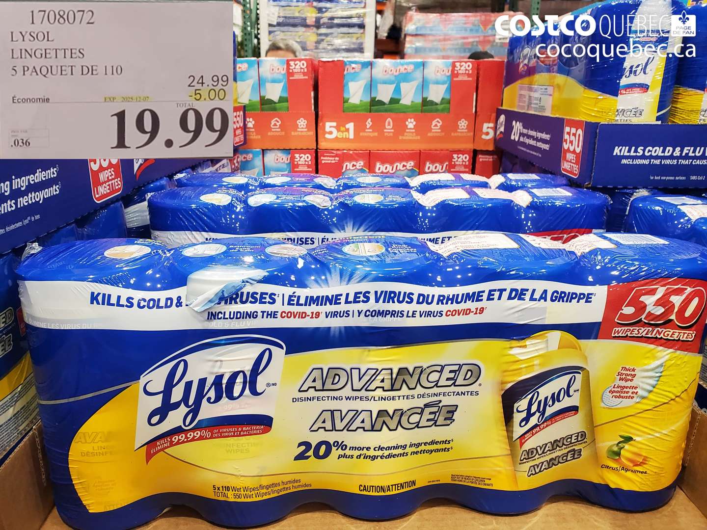 1708072 LYSOL LINGETTES 5 PAQUET DE 110 ($5.00 INSTANT SAVINGS EXPIRES ON 2025-12-07) $19.99