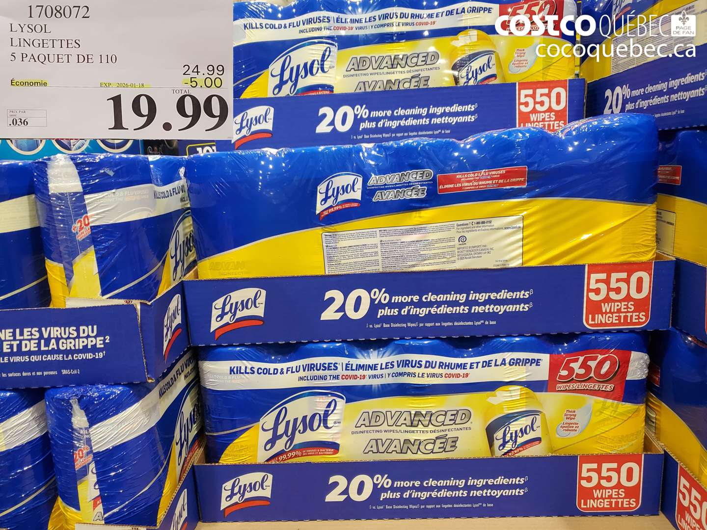 1708072 LYSOL LINGETTES 5 PAQUET DE 110 ($5.00 INSTANT SAVINGS EXPIRES ON 2026-01-18) $19.99