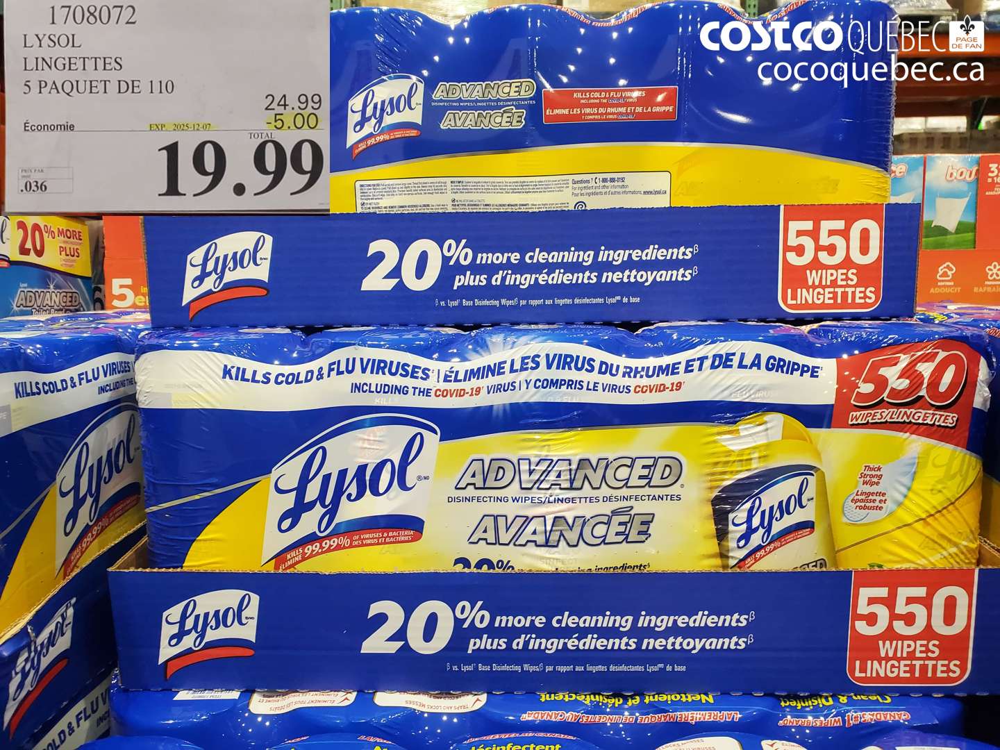 1708072 LYSOL LINGETTES 5 PAQUET DE 110  ($5.00 INSTANT SAVINGS EXPIRES ON 2025-12-07) $19.99
