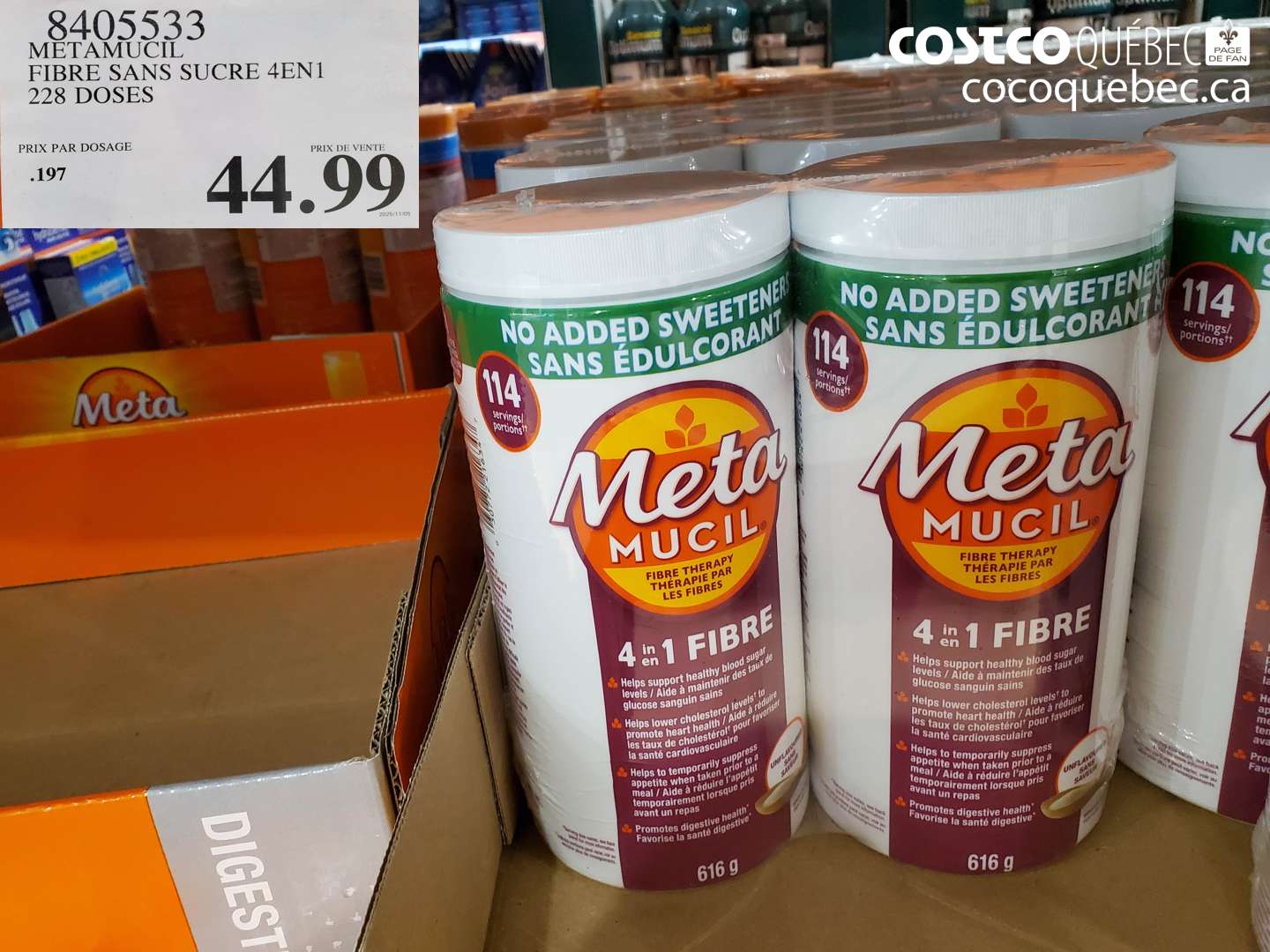 8405533 METAMUCIL FIBRE SANS SUCRE 4EN1 228 DOSES $44.99