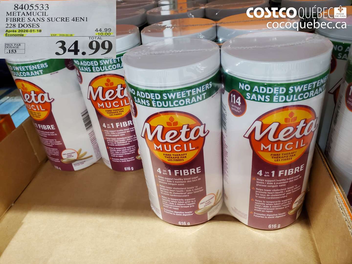 8405533 METAMUCIL FIBRE SANS SUCRE 4EN1 228 DOSES ($10.00 INSTANT SAVINGS EXPIRES ON 2026-01-18) $34.99