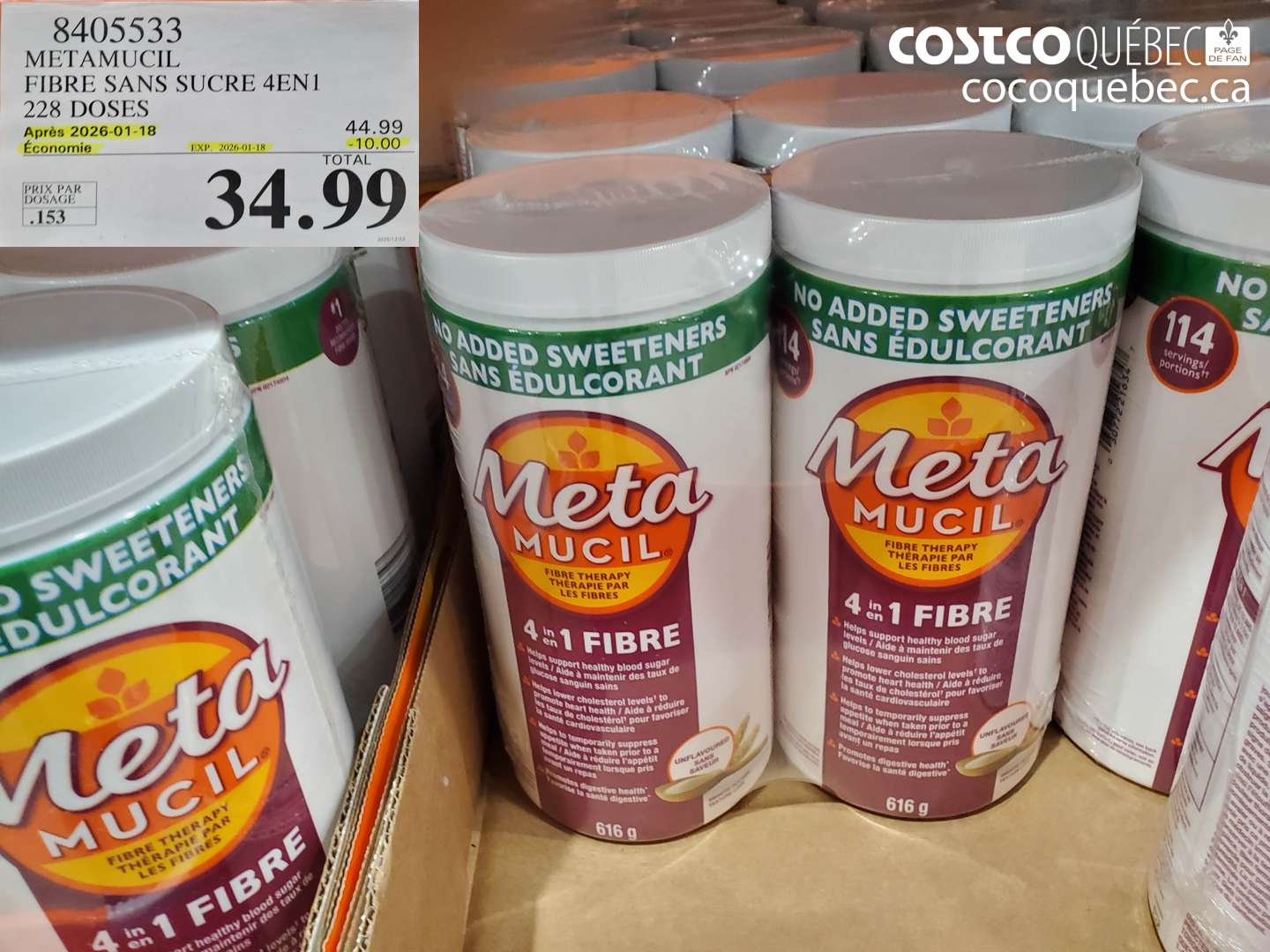 8405533 METAMUCIL FIBRE SANS SUCRE 4EN1 228 DOSES ($10.00 INSTANT SAVINGS EXPIRES ON 2026-01-18) $34.99
