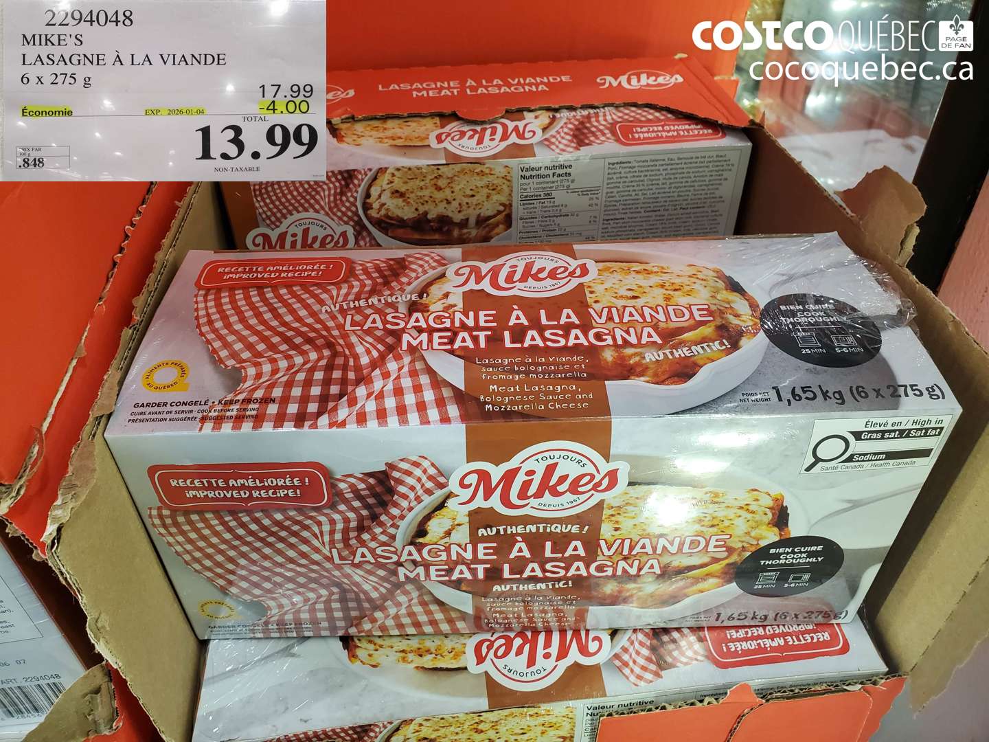 2294048 MIKE'S LASAGNE À LA VIANDE 6 x 275 g ($4.00 INSTANT SAVINGS EXPIRES ON 2026-01-04) $13.99