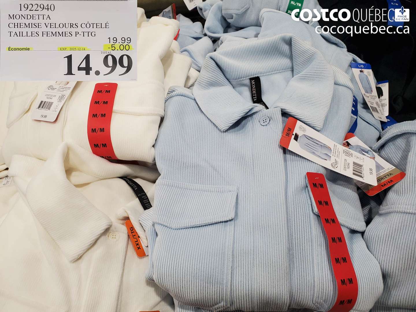 1922940 MONDETTA CHEMISE VELOURS CÔTELÉ TAILLES FEMMES P-PTG (EXPIRES ON 2025-12-14) $14.99