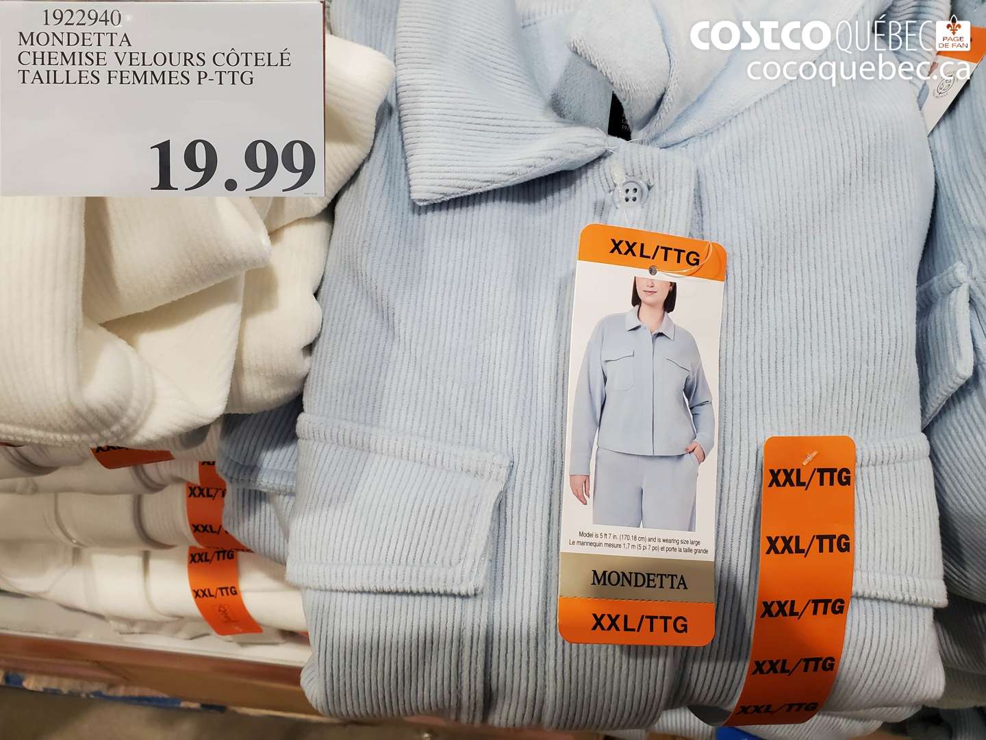 1922940 MONDETTA CHEMISE VELOURS CÔTELÉ TAILLES FEMMES P-TTG (EXPIRES ON 2023-12-15) $19.99