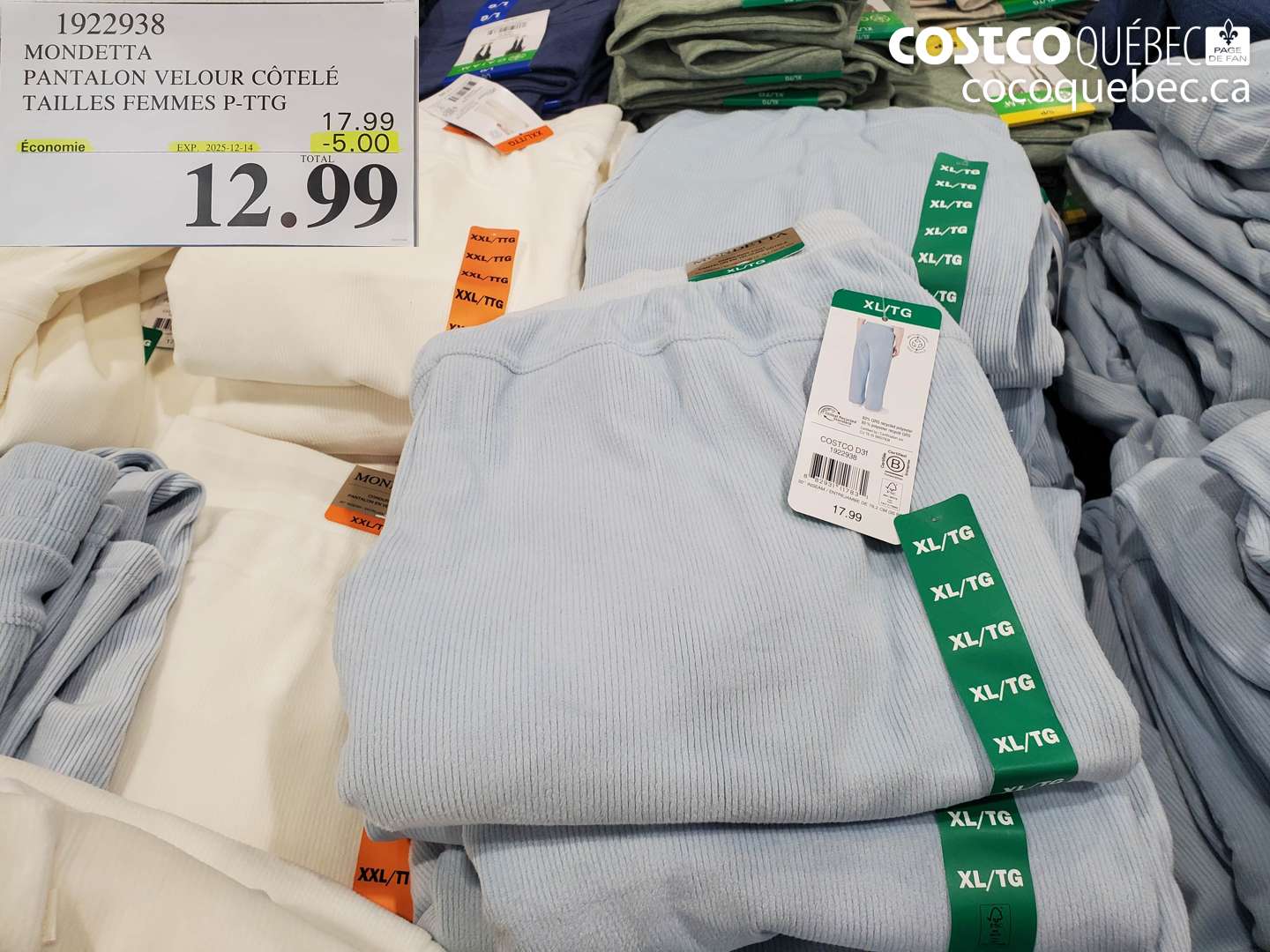 1922938 MONDETTA PANTALON VELOUR CÔTELÉ TAILLES FEMMES P-PTG (EXPIRES ON 2025-12-14) $12.99