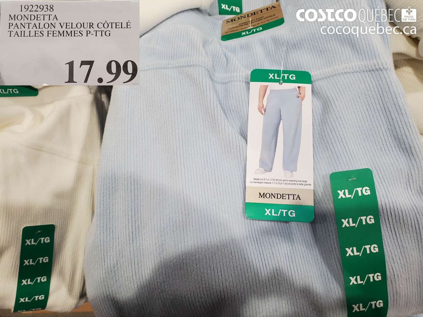 1922938 MONDETTA PANTALON VELOUR CÔTELÉ TAILLES FEMMES P-PTG $17.99