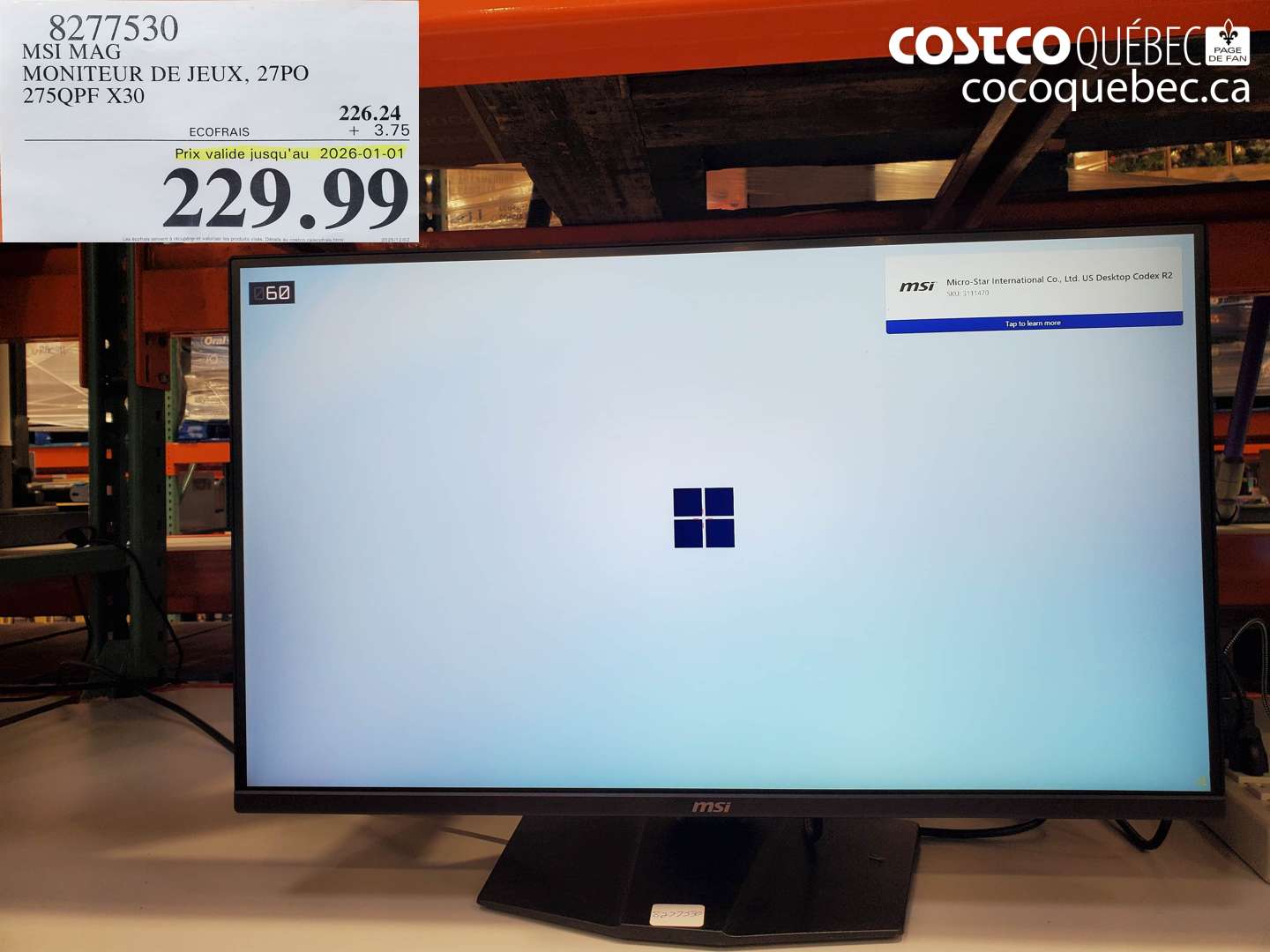 8277530 MSI MAG MONITEUR DE JEUX, 27PO 275QPF X30OFF (EXPIRES ON 2026-01-01) $229.99