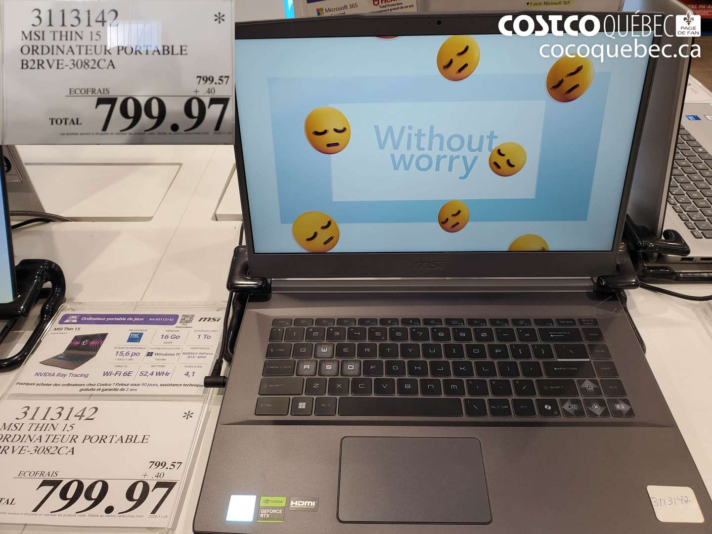 3113142 MSI THIN 15 ORDINATEUR PORTABLE B2RVE-3082CA $799.97