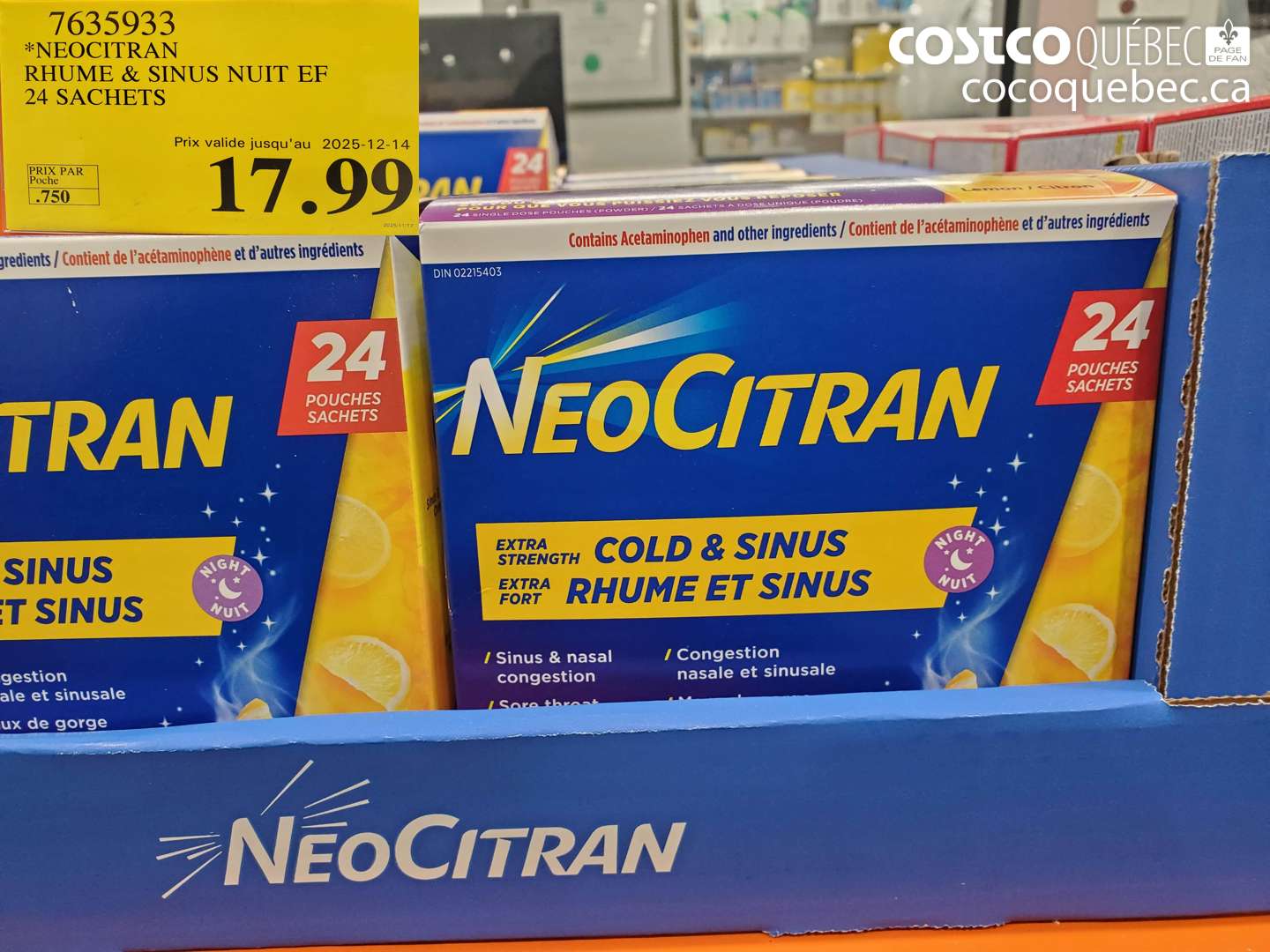 7635933 NEOCITRAN RHUME & SINUS NUIT EF 24 SACHETS (EXPIRES ON 2025-12-14) $17.99