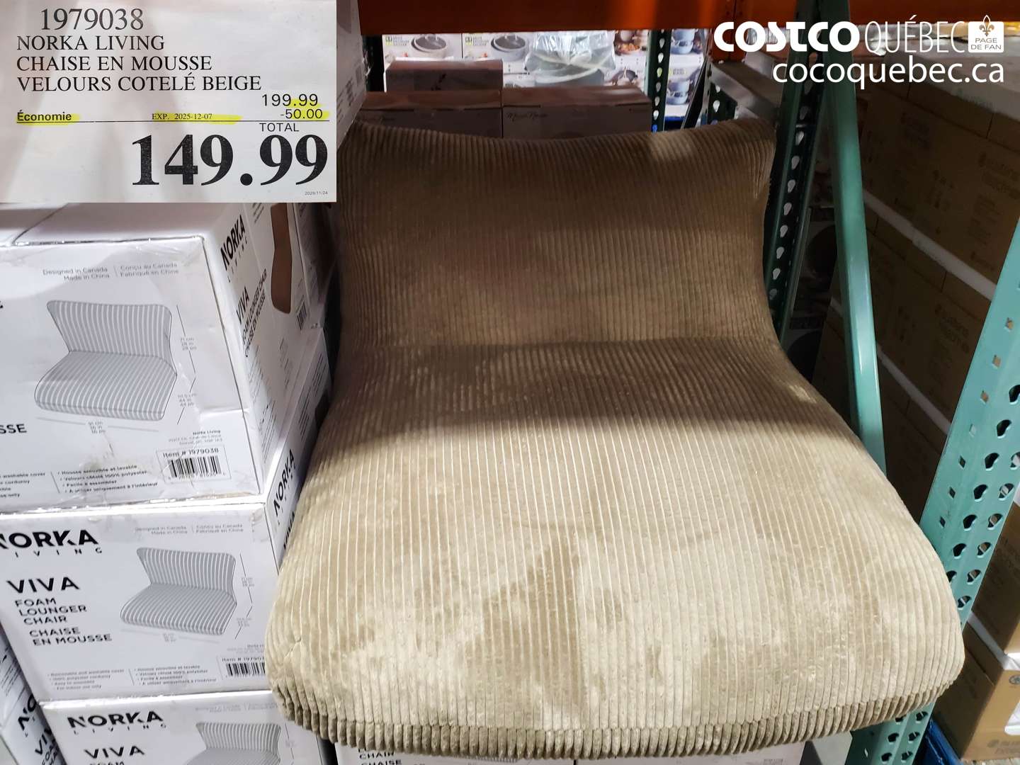 1979038 NORKA LIVING CHAISE EN MOUSSE VELOURS COTELE BEIGE ($50.00 INSTANT SAVINGS EXPIRES ON 2025-12-07) $149.99