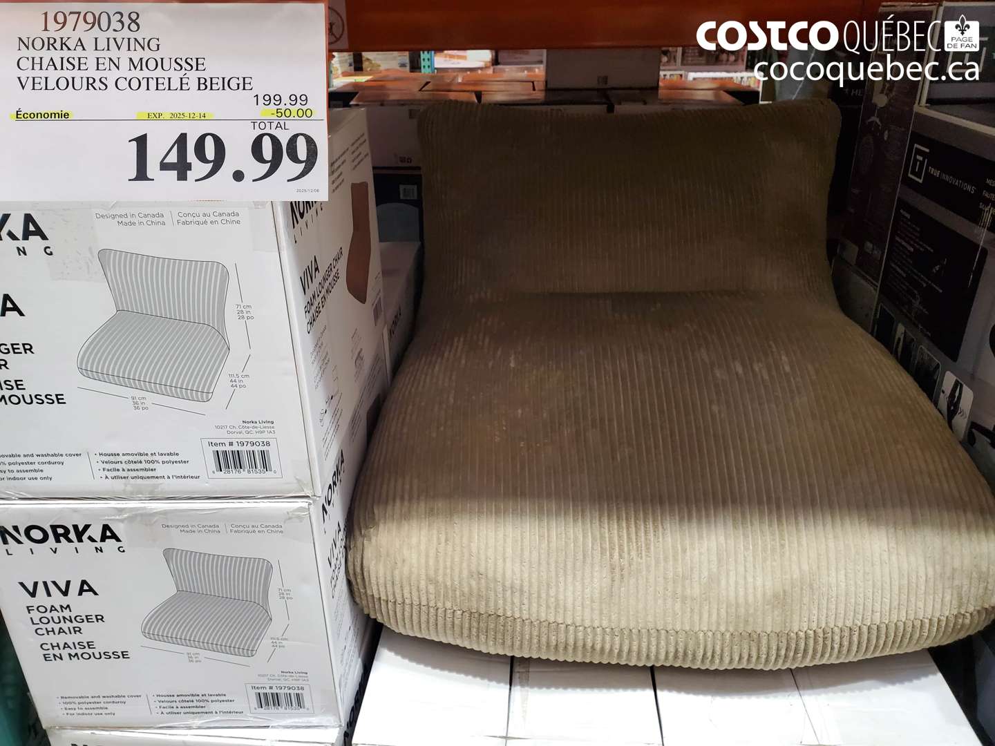 1979038 NORKA LIVING CHAISE EN MOUSSE VELOURS COTELE BEIGE (EXPIRES ON 2025-12-14) $149.99