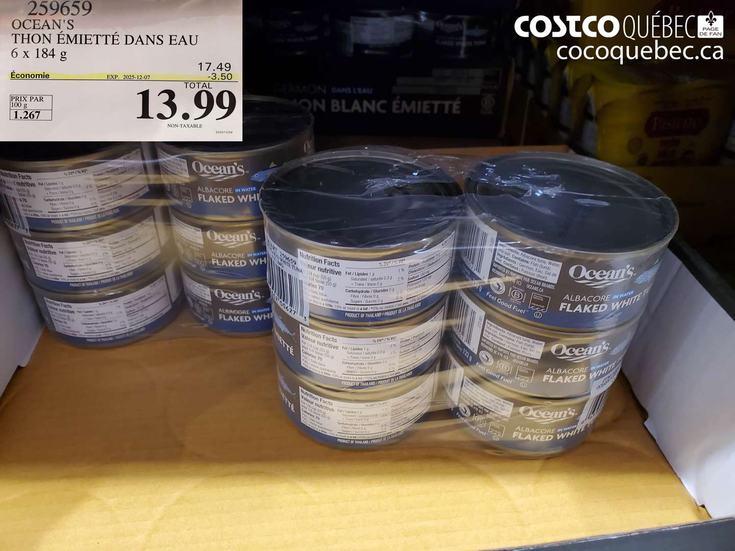 259659 OCEAN'S THON ÉMIETÉ DANS EAU 6 x 184 g ($3.50 INSTANT SAVINGS EXPIRES ON 2025-12-07) $13.99