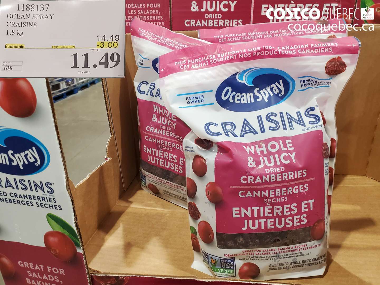 1188137 OCEAN SPRAY CRAISINS 1,8 kg (EXPIRES ON 2025-12-21) $11.49
