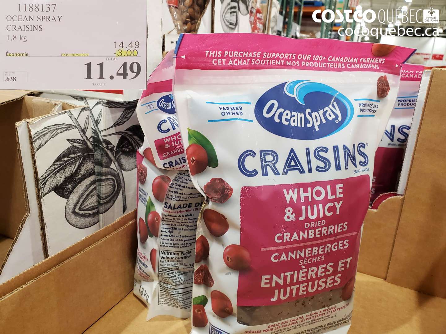 1188137 OCEAN SPRAY CRAISINS 1,8 kg ($3.00 INSTANT SAVINGS EXPIRES ON 2025-12-24) $11.49