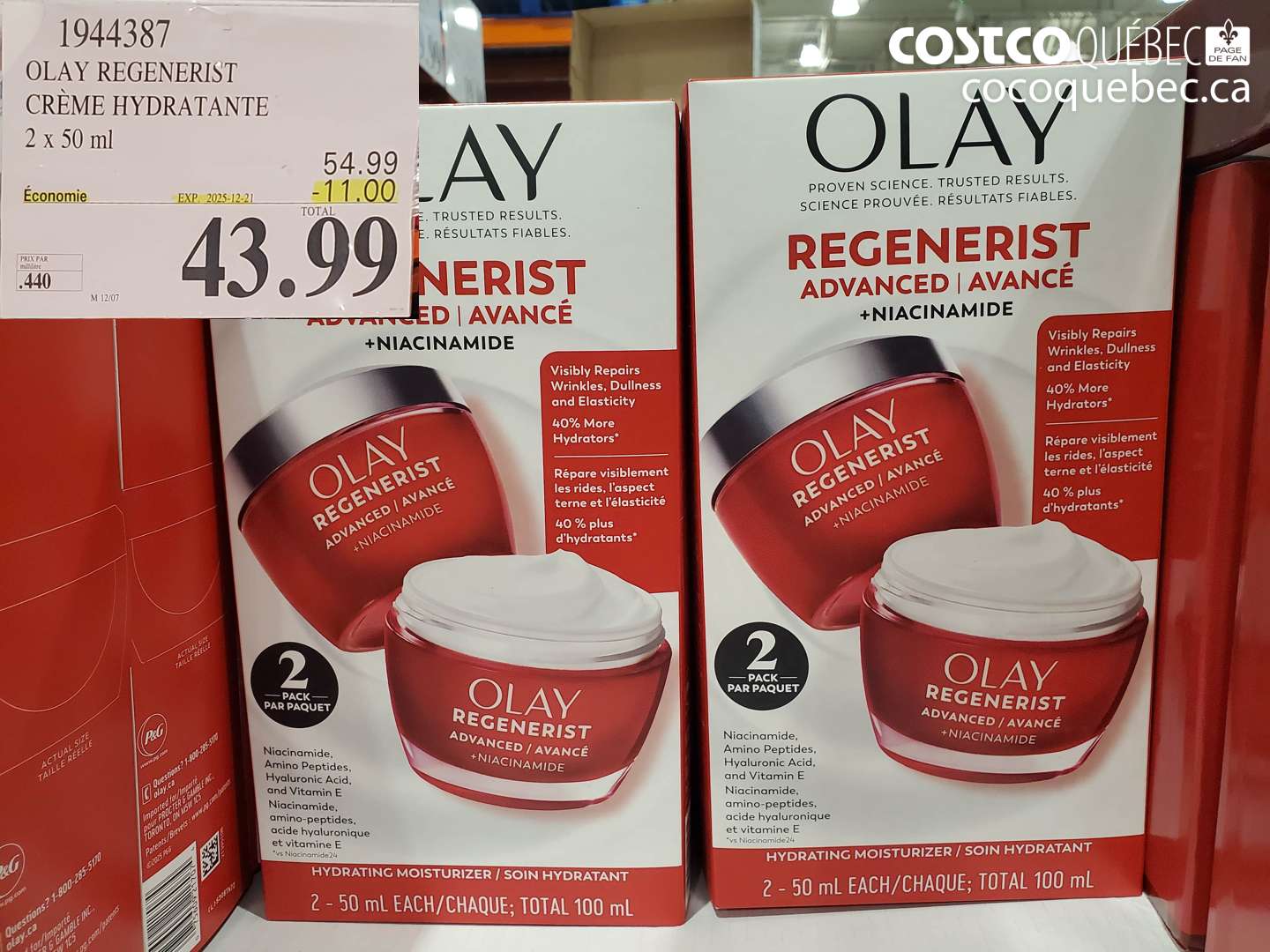 1944387 OLAY REGENERIST CREME HYDRATANTE 2 x 50 ml ($11.00 INSTANT SAVINGS EXPIRES ON 2025-12-21) $43.99