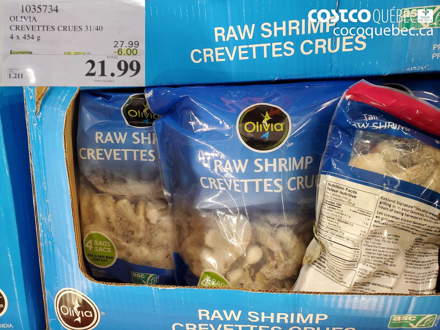 1035734 OLIVIA CREVETTES CRUES 31/40 ($6.00 INSTANT SAVINGS EXPIRES ON 2025-12-16) $21.99