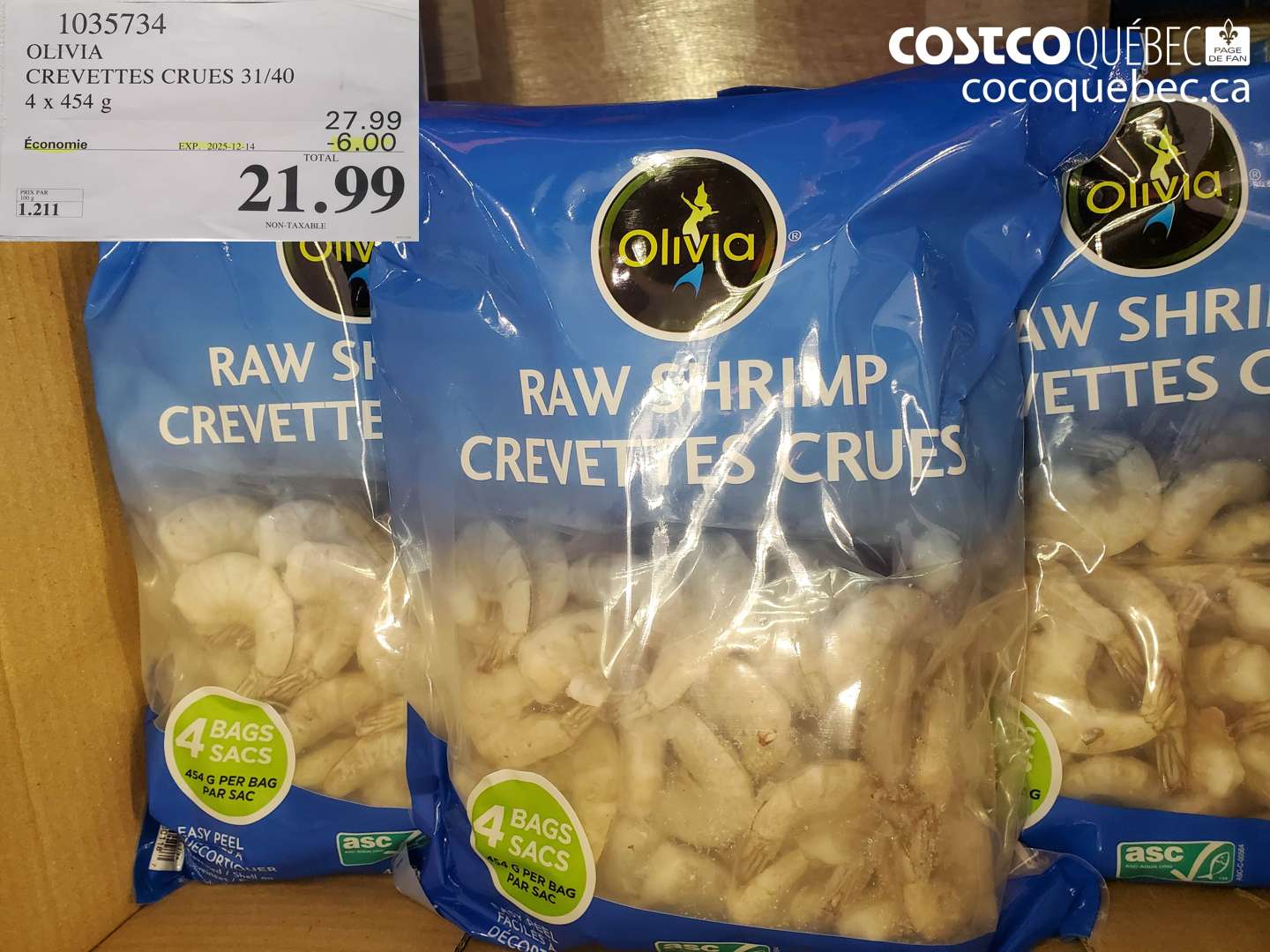 1035734 OLIVIA CREVETTES CRUES 31/40 4 x 454 g (EXPIRES ON 2025-12-14) $21.99