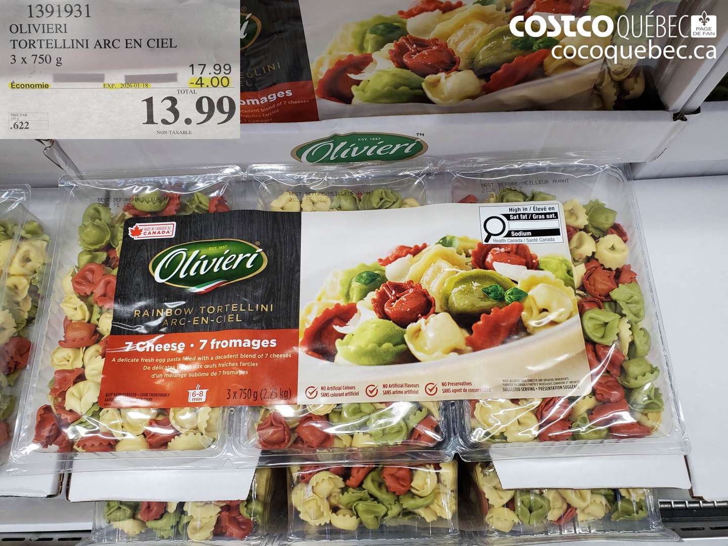 1391931 OLIVIERI TORTELLINI ARC EN CIEL 3 x 750 g ($4.00 INSTANT SAVINGS EXPIRES ON 2026-01-18) $13.99