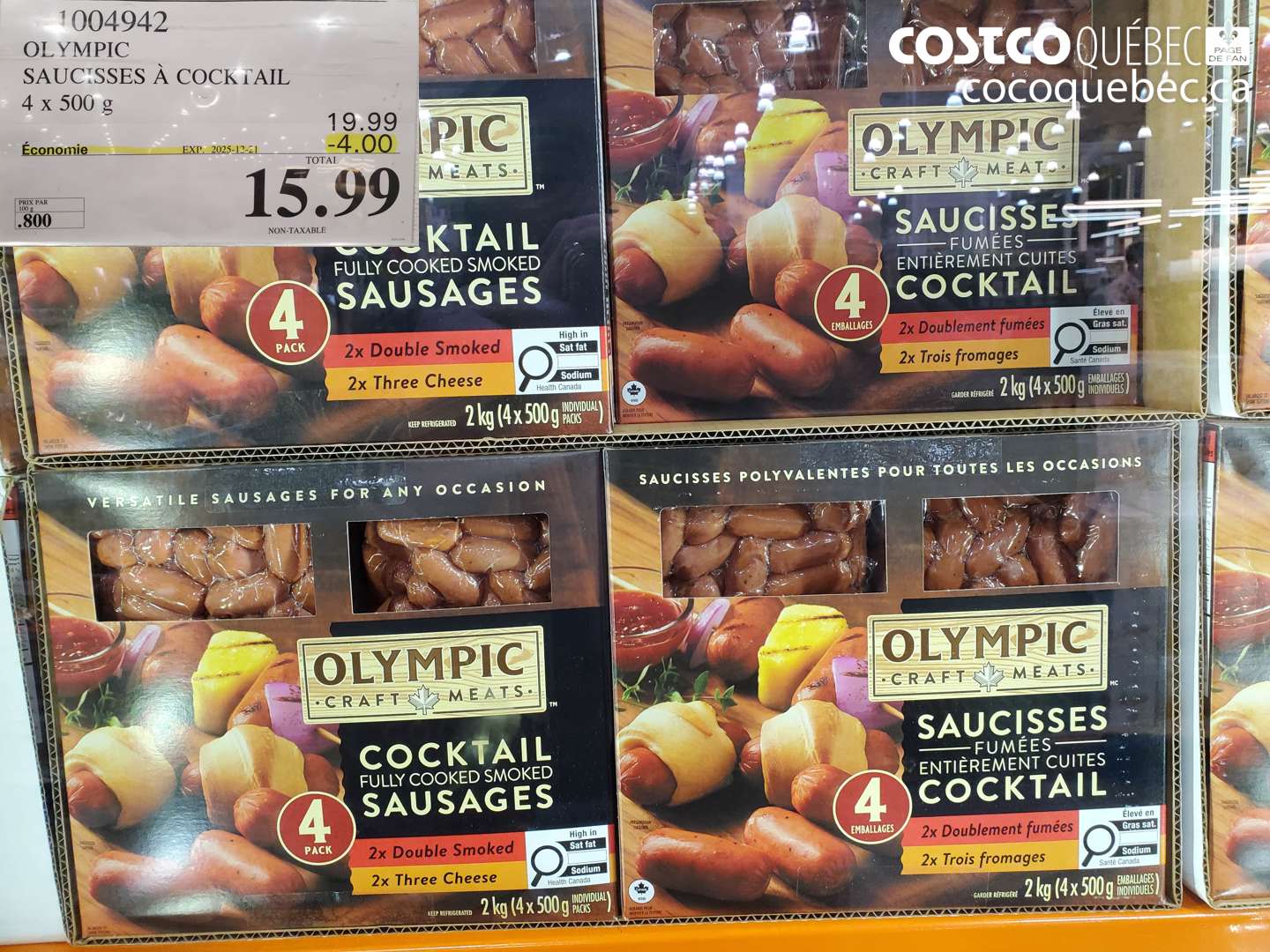 1004942 OLYMPIC SAUCISSES À COCKTAIL 4 x 500 g ($4.00 INSTANT SAVINGS EXPIRES ON 2025-12-21) $15.99