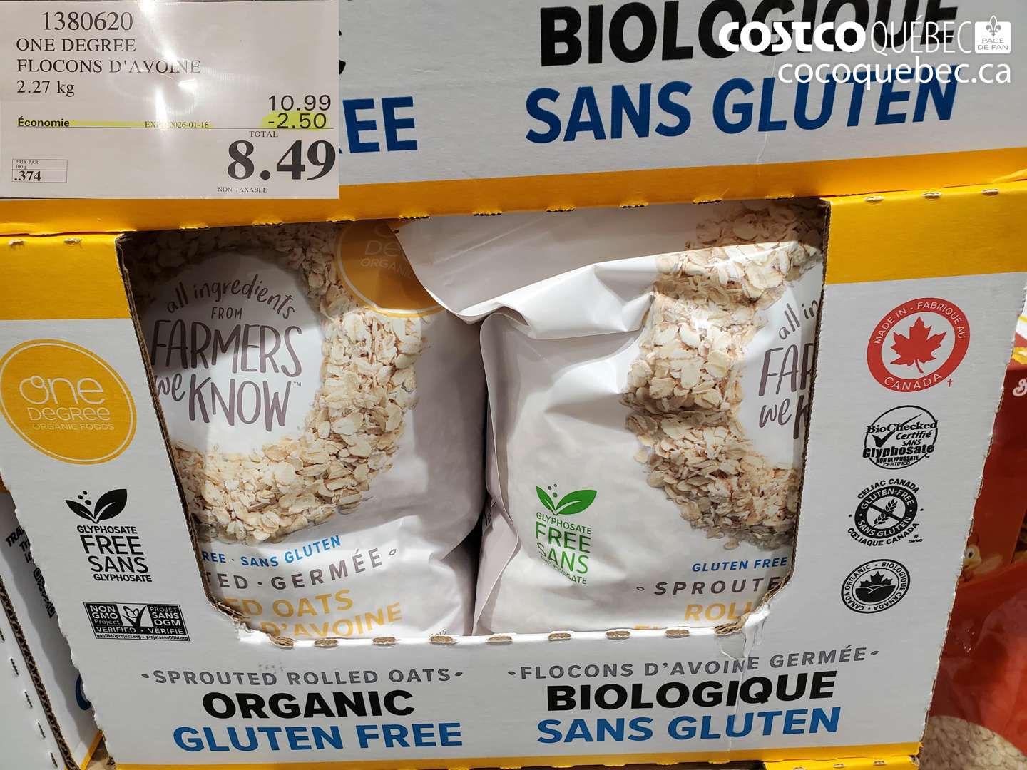 1380620 ONE DEGREE FLOCONS D'AVOINE 2.27 kg ($2.50 INSTANT SAVINGS EXPIRES ON 2026-01-18) $8.49