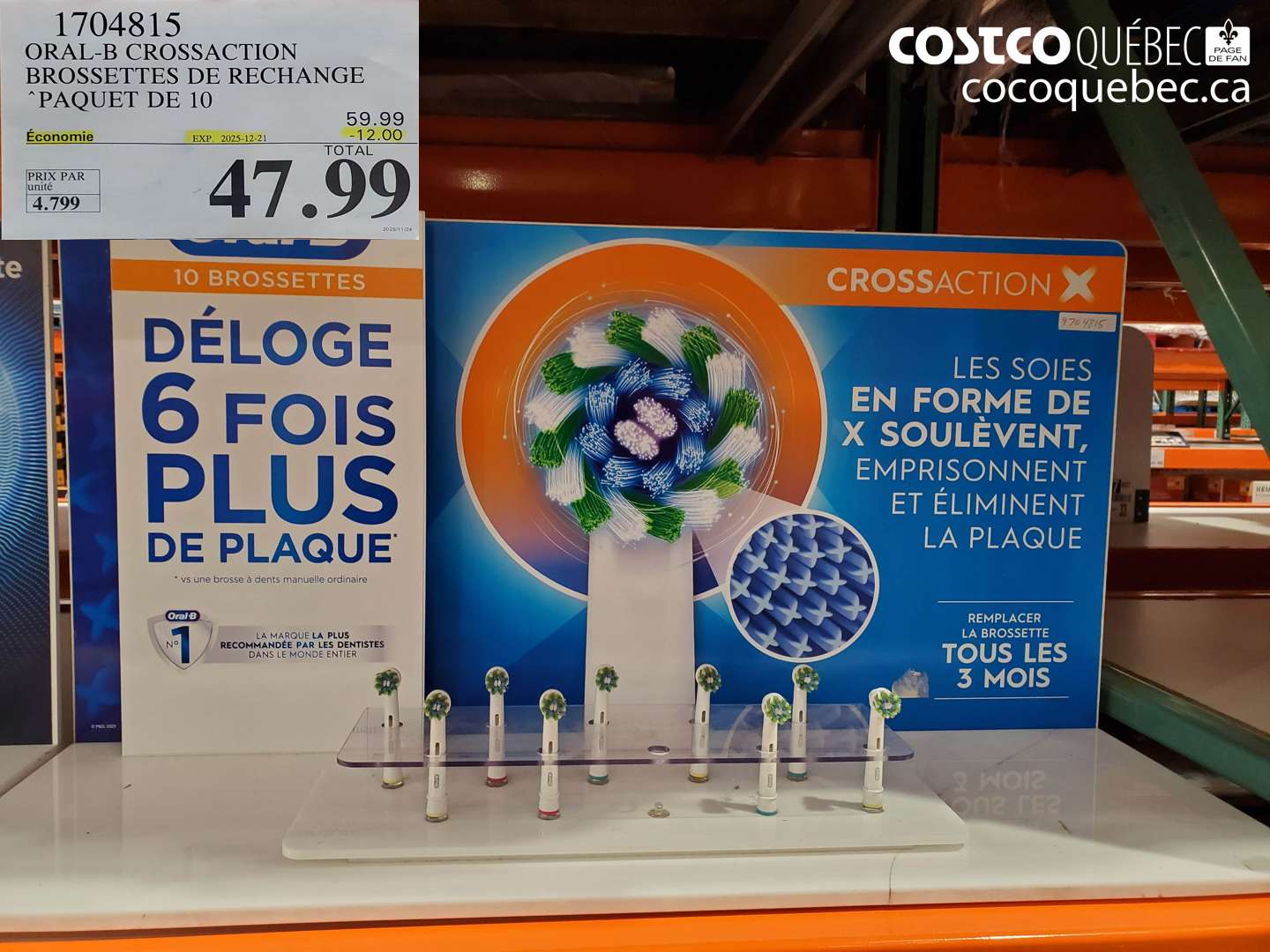 1704815 ORAL-B CROSSACTION BROSSETTES DE RECHANGE 'PAQUET DE 10' ($12.00 INSTANT SAVINGS EXPIRES ON 2025-12-21) $47.99
