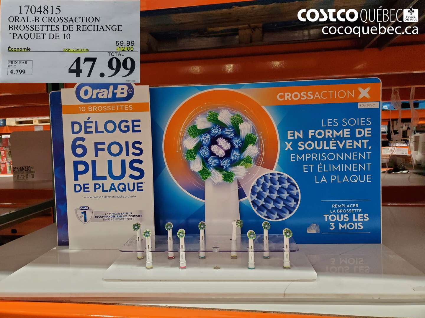 1704815 ORAL-B CROSSACTION BROSSETTES DE RECHANGE PAQUET DE 10 ($12.00 INSTANT SAVINGS EXPIRES ON 2025-12-28) $47.99