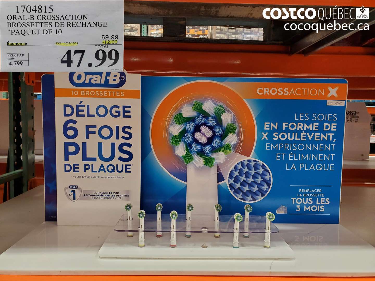 1704815 ORAL-B CROSSACTION BROSSETTES DE RECHANGE PAQUET DE 10 ($12.00 INSTANT SAVINGS EXPIRES ON 2025-12-28) $47.99