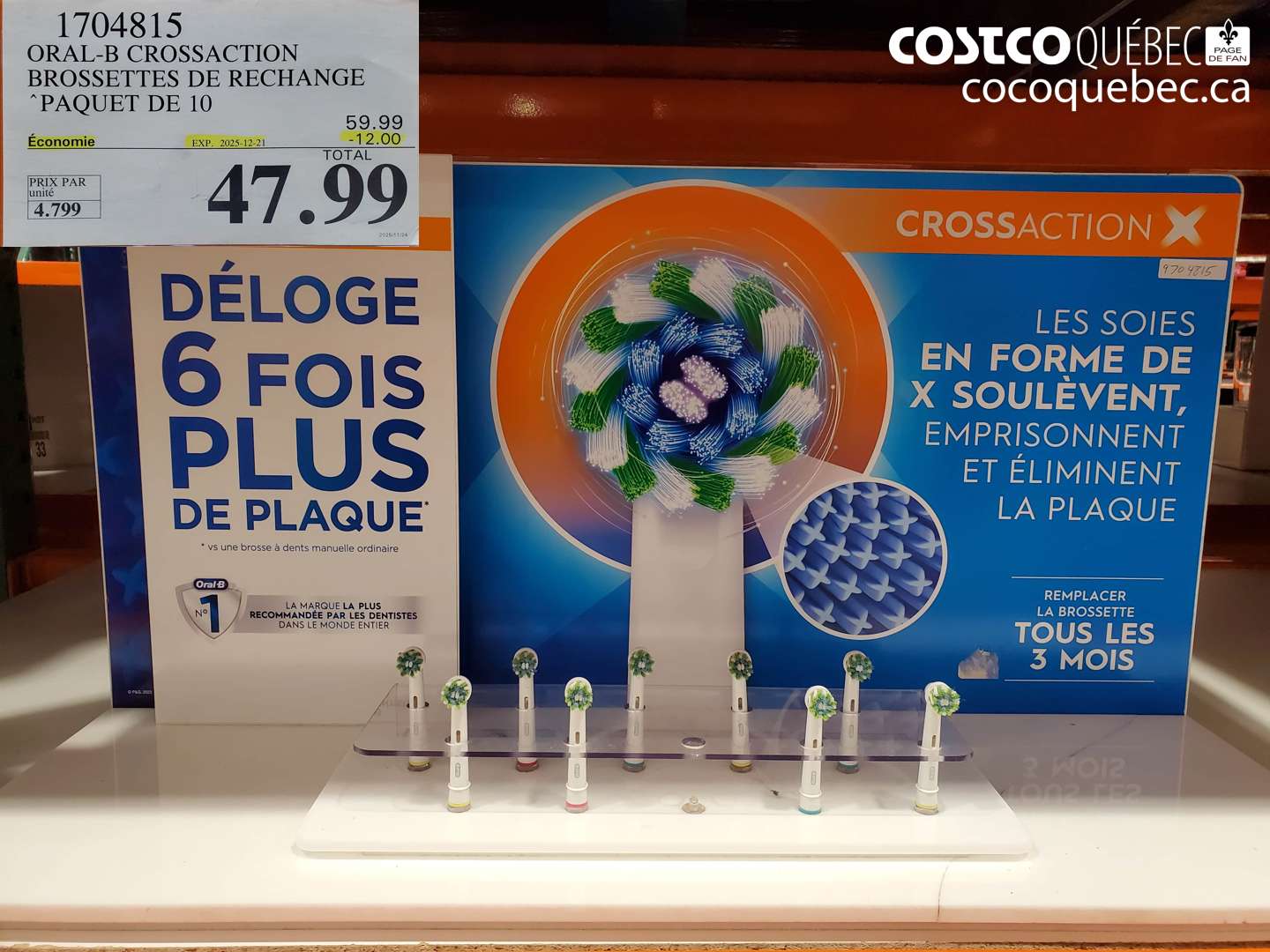 1704815 ORAL-B CROSSACTION TETES DE RECHANGE ($12.00 INSTANT SAVINGS EXPIRES ON 2025-12-21) $47.99