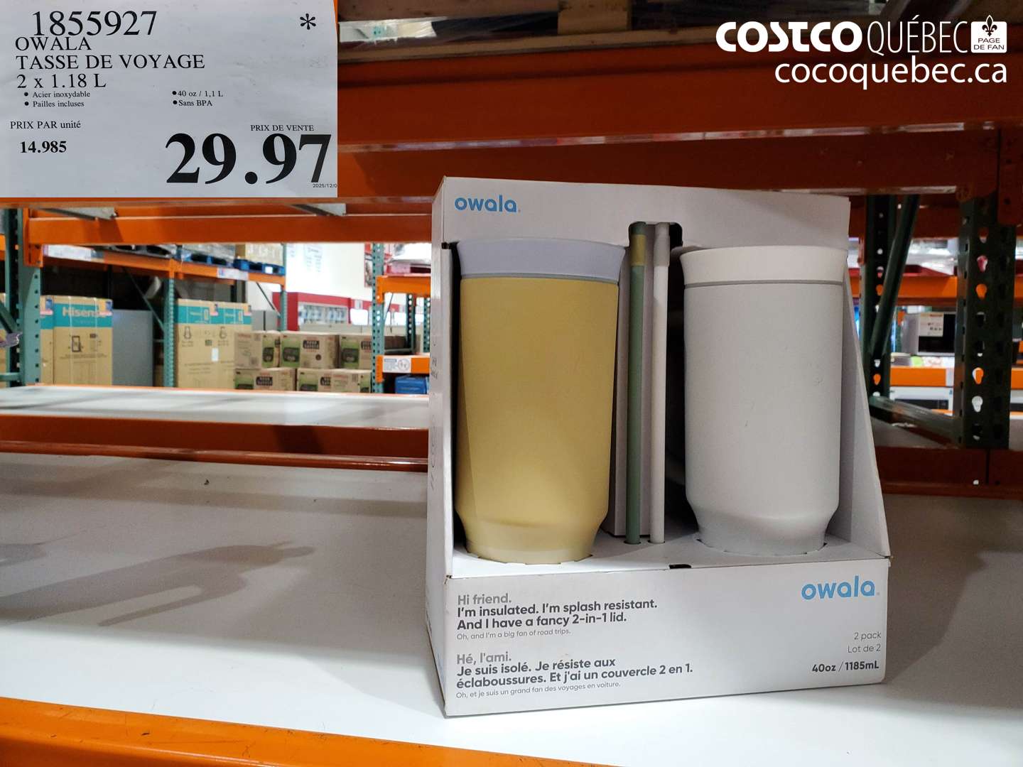 1855927 OWALA TASSE DE VOYAGE 2 x 1.18 L, Acier inoxydable, Pailles incluses, 40 oz / 1,1 L, Sans BPA $29.97