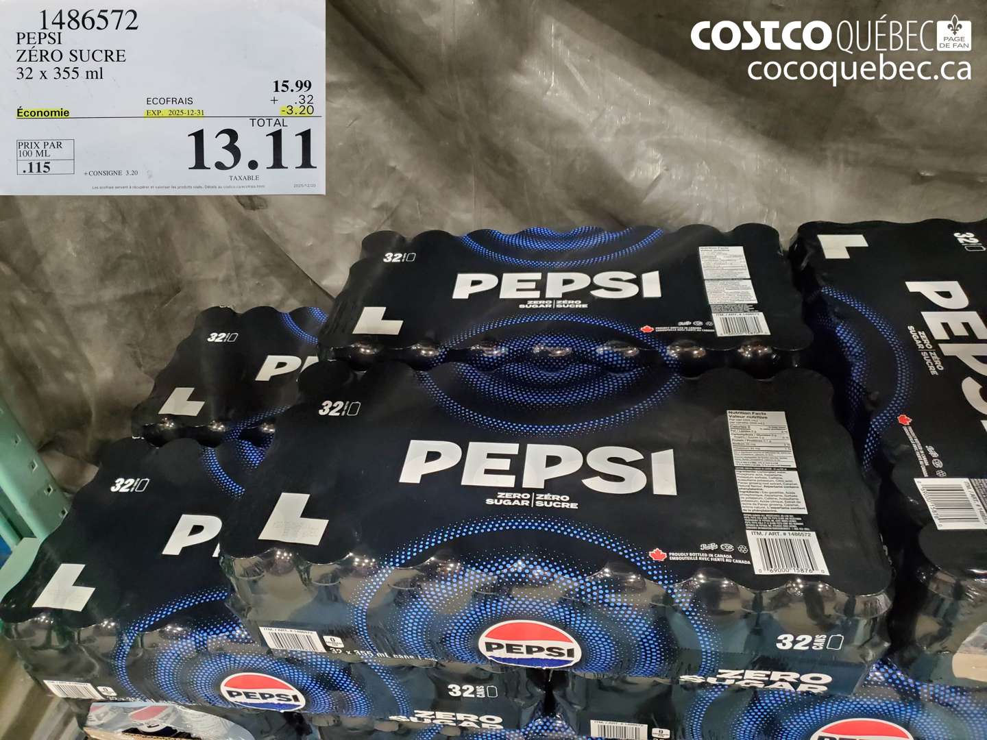 1486572 PEPSI ZÉRO SUCRE 32 x 355 ml ($3.20 INSTANT SAVINGS EXPIRES ON 2025-12-31) $13.11