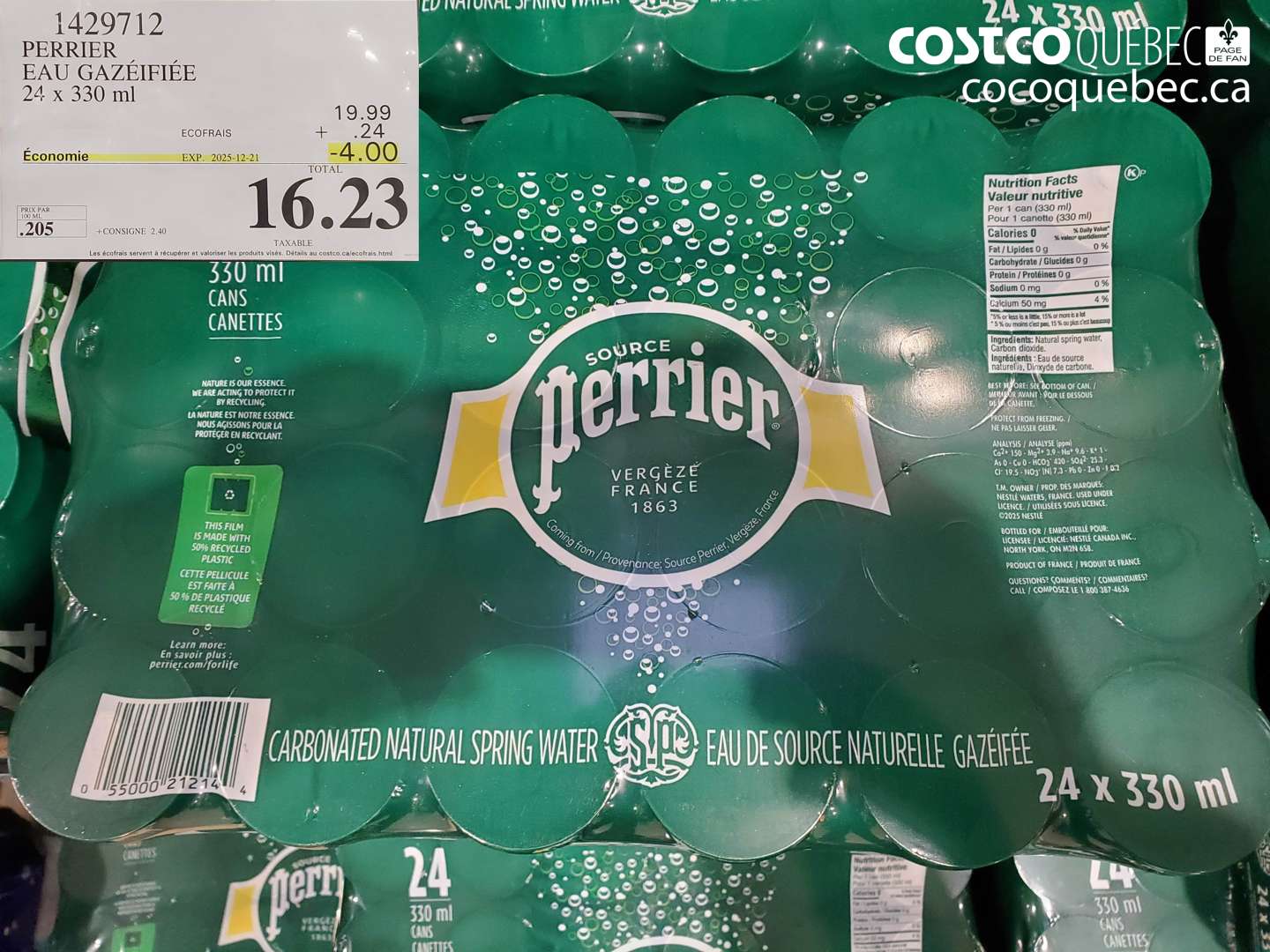 1429712 PERRIER EAU GAZÉIFIÉE 24 x 330 ml ($4.00 INSTANT SAVINGS EXPIRES ON 2025-12-21) $16.23