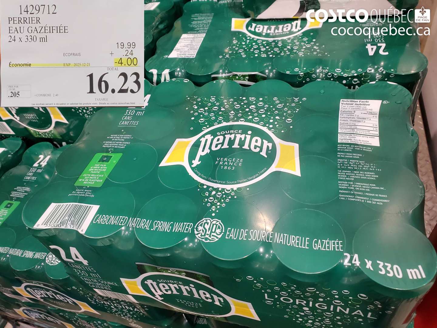 1429712 PERRIER EAU GAZÉIFIÉE 24 x 330 ml ($4.00 INSTANT SAVINGS EXPIRES ON 2025-12-21) $16.23