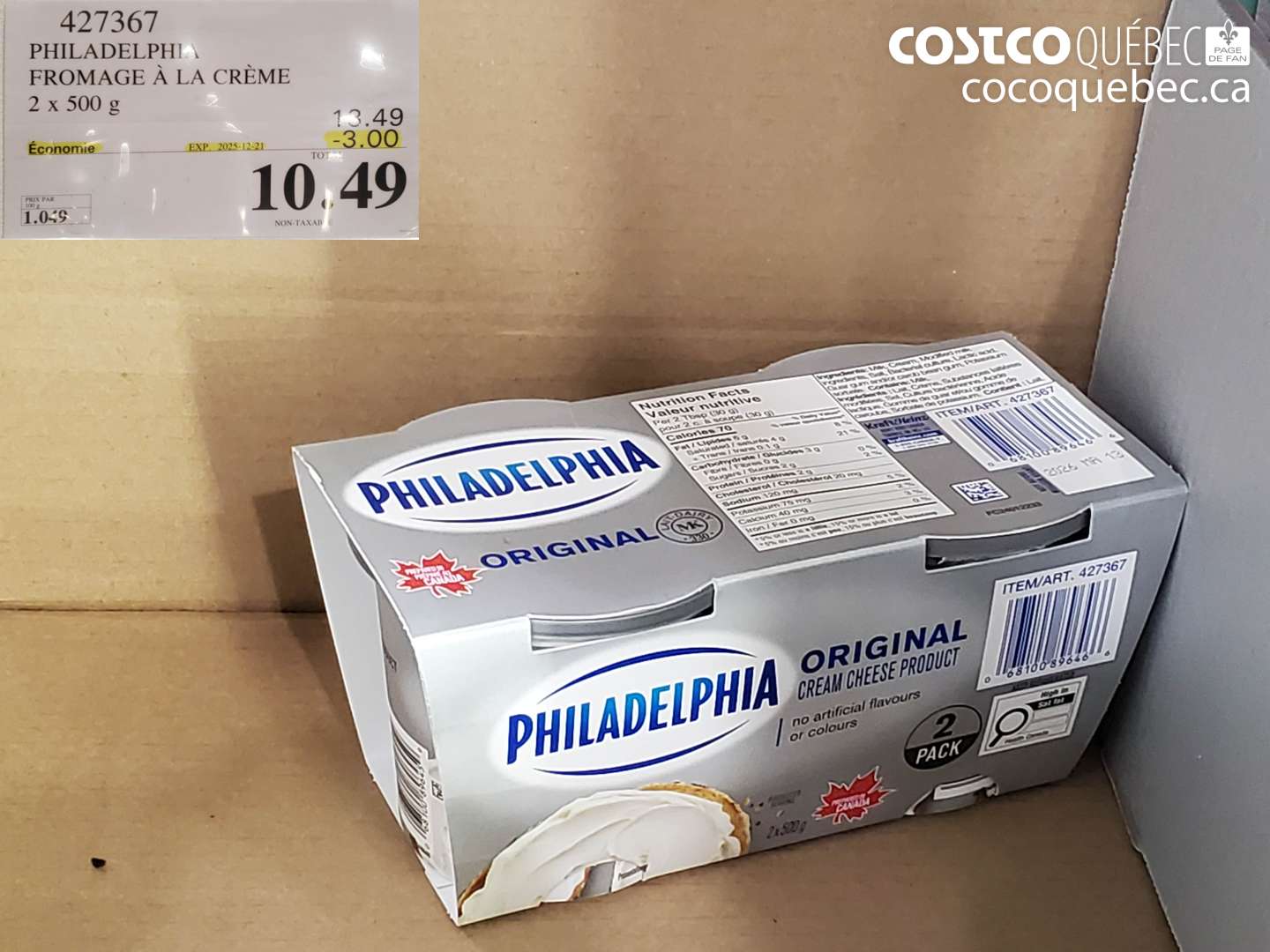 427367 PHILADELPHIA FROMAGE À LA CRÈME 2 x 500 g ($3.00 INSTANT SAVINGS EXPIRES ON 2025-12-21) $10.49