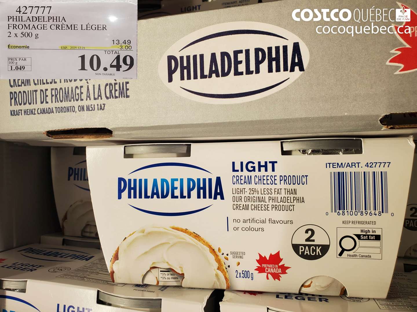 427777 PHILADELPHIA FROMAGE CRÈME LÉGER 2 x 500 g (EXPIRES ON 2025-12-21) $10.49