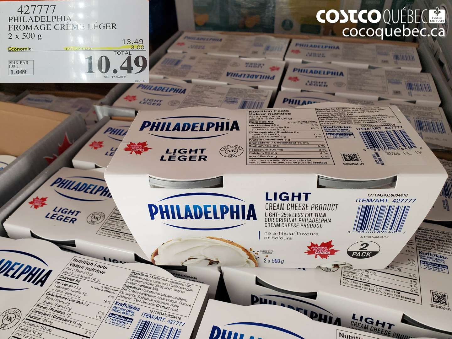 427777 PHILADELPHIA FROMAGE CRÈME LÉGER 2 x 500 g ($3.00 INSTANT SAVINGS EXPIRES ON 2025-12-21) $10.49