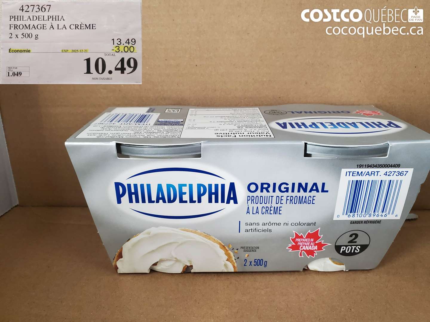 427367 PHILADELPHIA FROMAGE a LA CREME 2 x 500 g  ($3.00 INSTANT SAVINGS EXPIRES ON 2025-12-21) $10.49