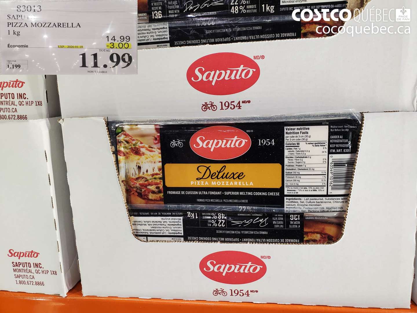 83013 PIZZA MOZZARELLA 1 kg ($3.00 INSTANT SAVINGS EXPIRES ON 2026-01-18) $11.99