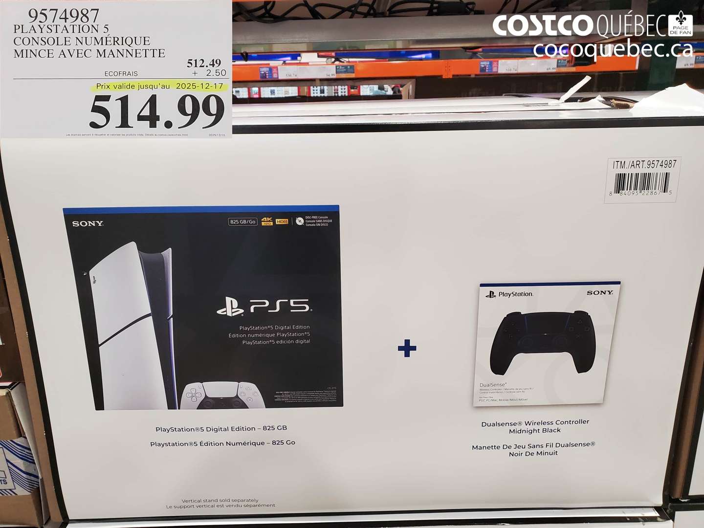 9574987 PLAYSTATION 5 CONSOLE NUMERIQUE MINCE AVEC MANNETTE (EXPIRES ON 2025-12-17) $512.49