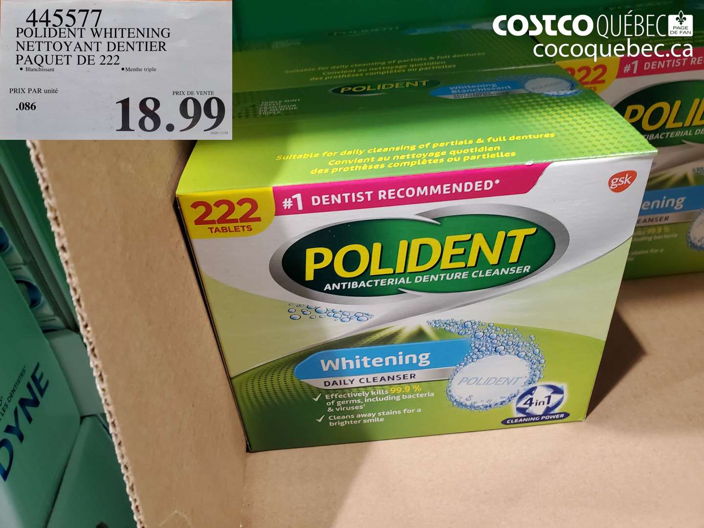 445577 POLIDENT WHITENING NETTOYANT DENTIER PAQUET DE 222 $18.99