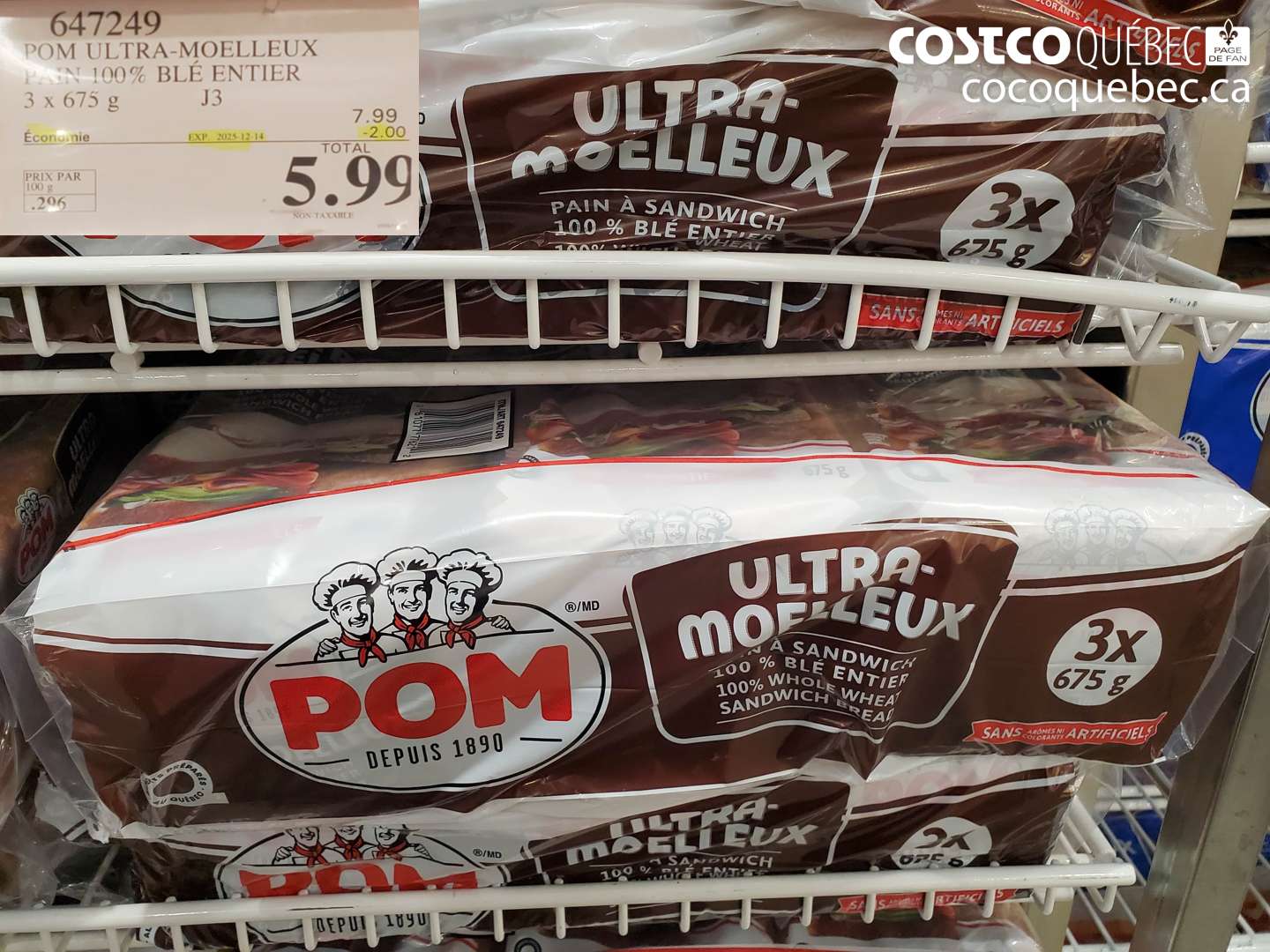 647249 POM ULTRA-MOELLEUX PAIN 100% BLÉ ENTIER 3 x 675 g (EXPIRES ON 2025-12-14) $5.99
