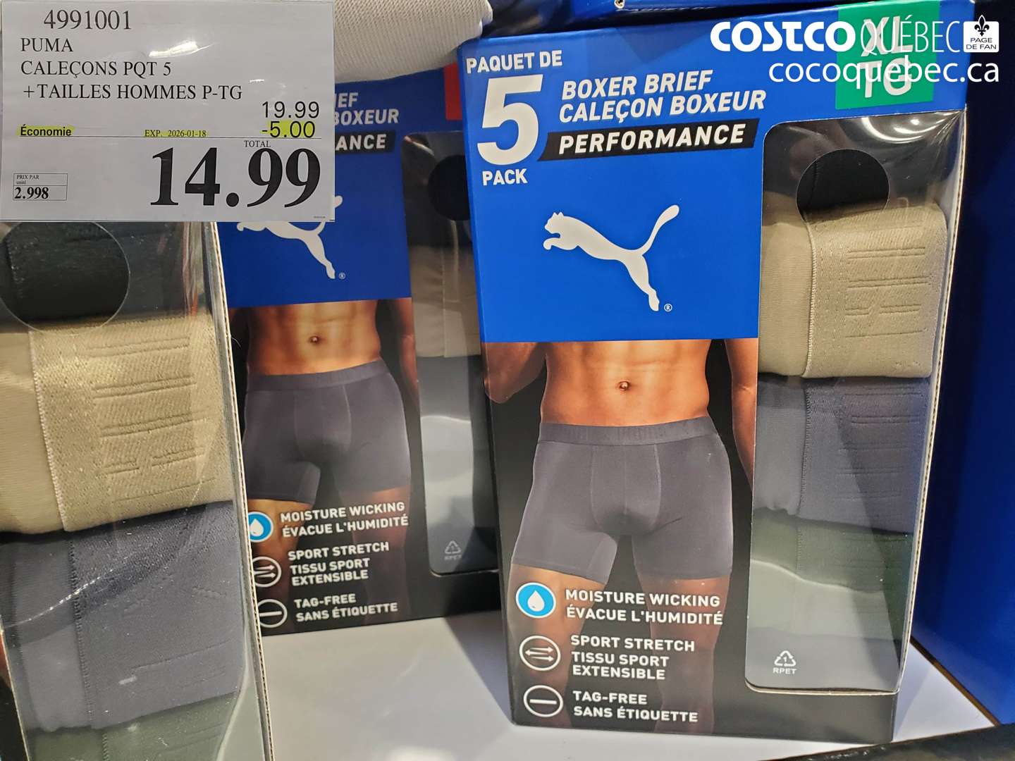 4991001 PUMA CALEÇONS PQT 5 +TAILLES HOMMES P-TG ($5.00 INSTANT SAVINGS EXPIRES ON 2026-01-18) $14.99