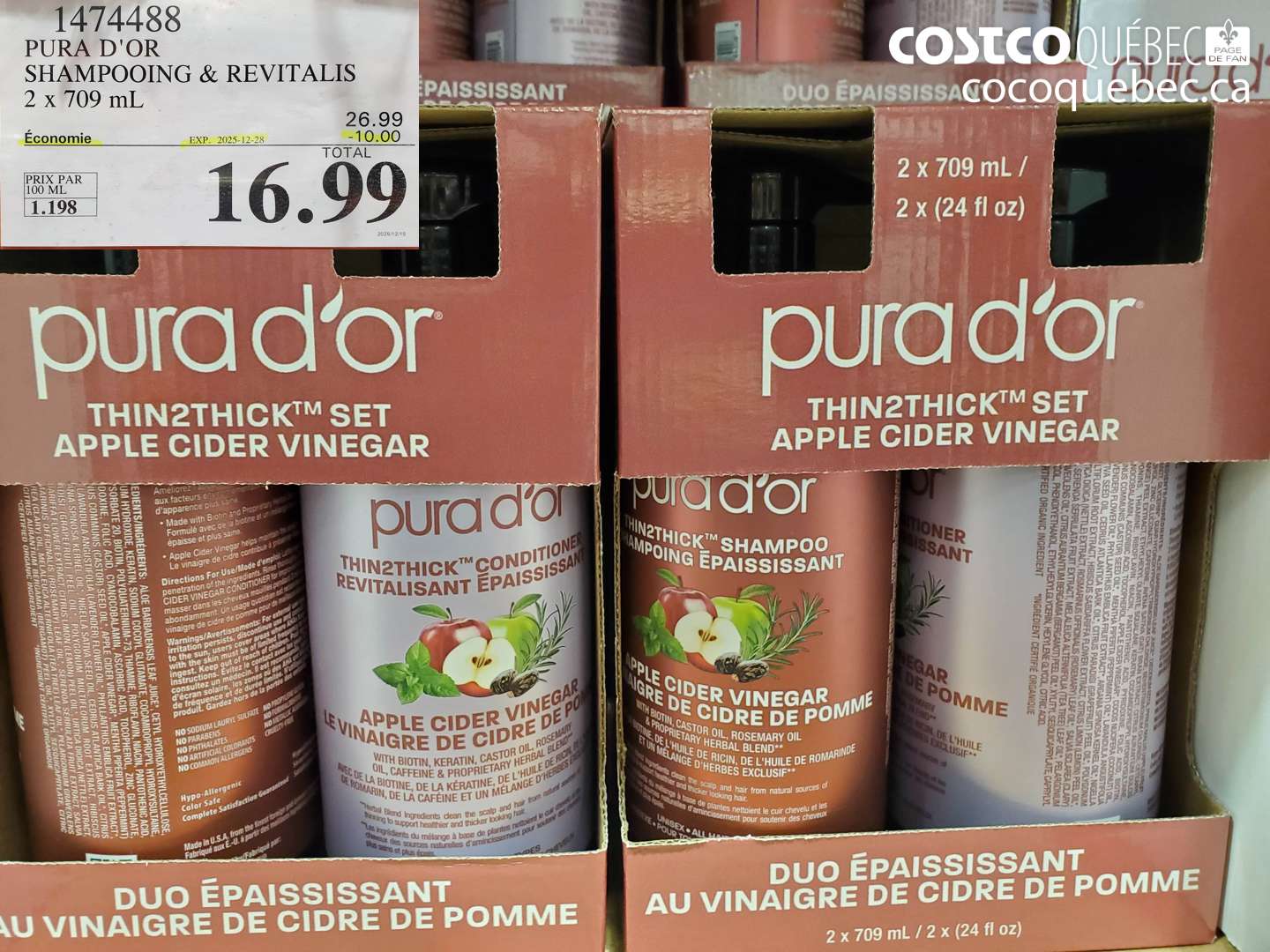 1474488 PURA D'OR SHAMPOOING & REVITALIS 2 X 709ML ($10.00 INSTANT SAVINGS EXPIRES ON 2025-11-28) $16.99