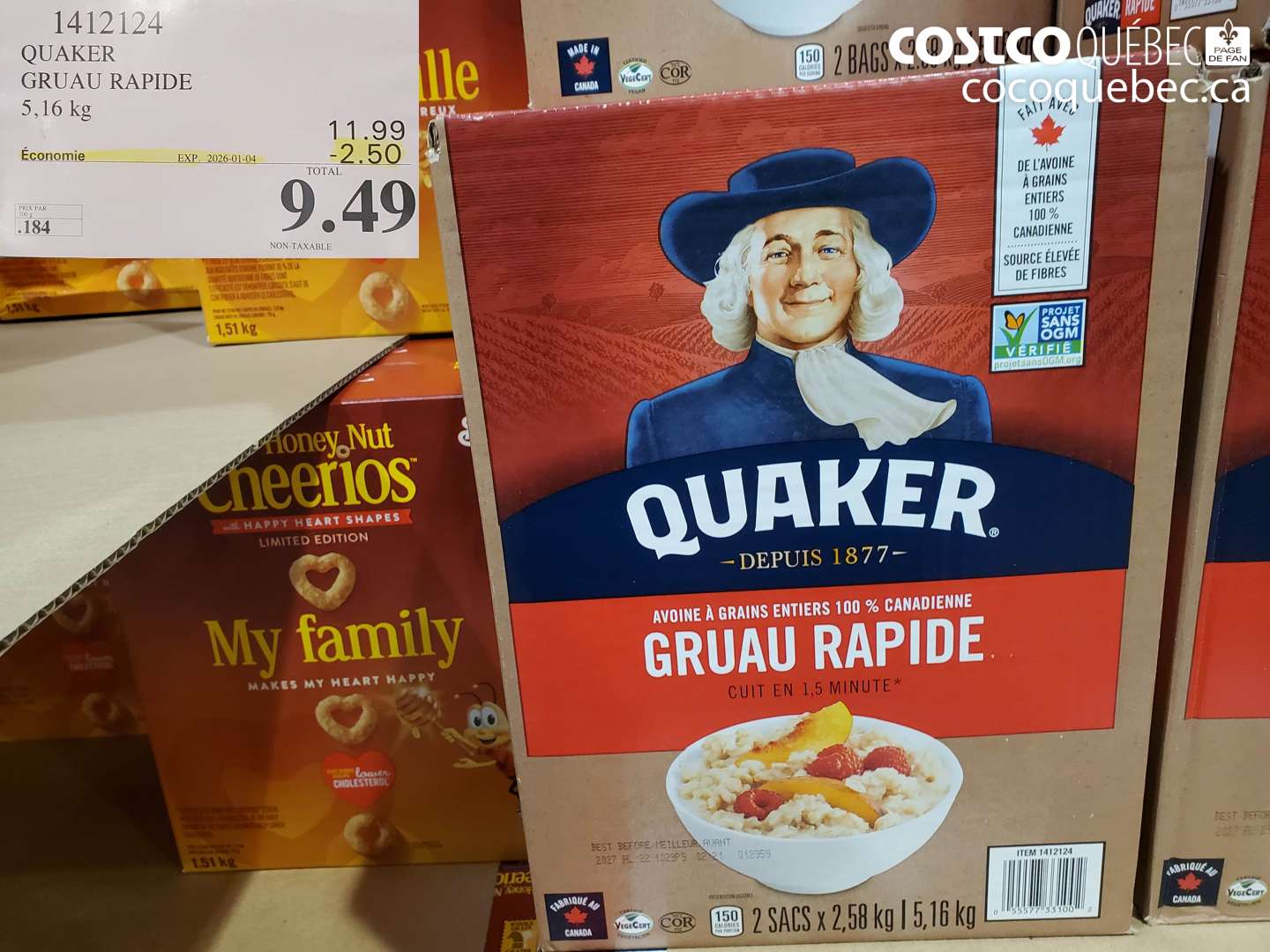 1412124 QUAKER GRUAU RAPIDE 5,16 kg ($2.50 INSTANT SAVINGS EXPIRES ON 2026-01-04) $9.49