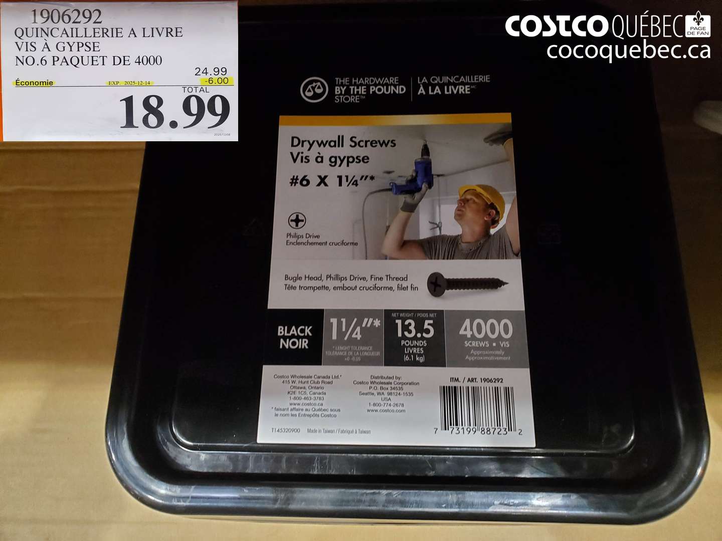 1906292 QUINCAILLERIE A LIVRE VIS A GYPSE NO.6 PAQUET DE 4000 (EXPIRES ON 2025-12-14) $18.99